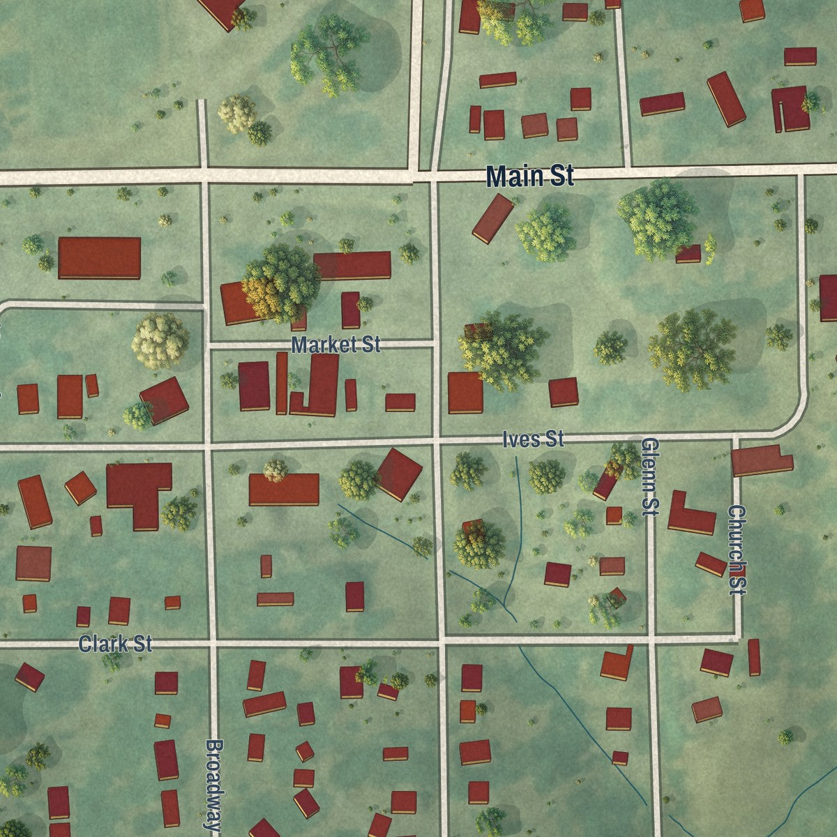 Close-up of the map of South English, Iowa print showing street and building detail