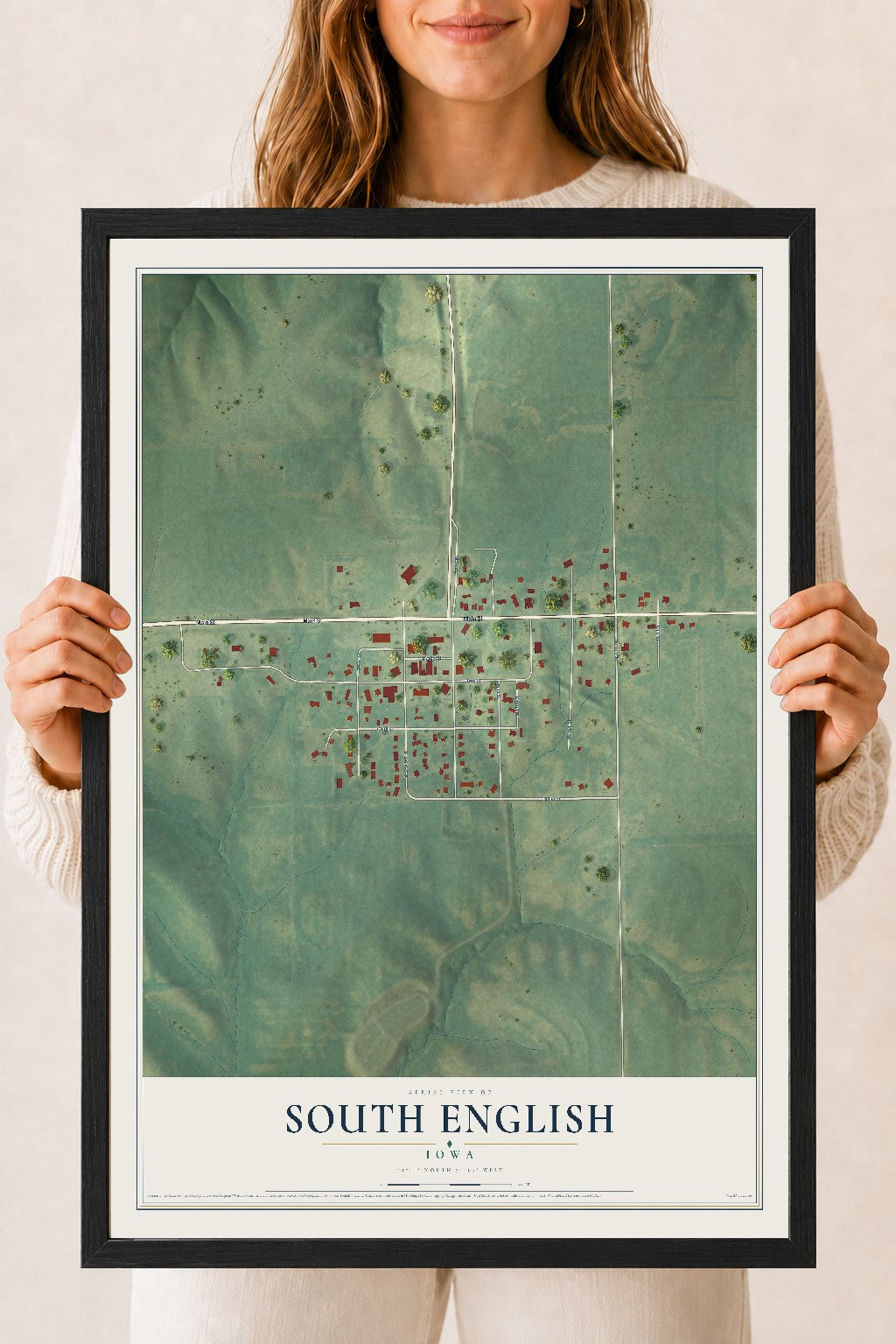Map of South English, Iowa, 18 x 24 inch print in a black wood frame