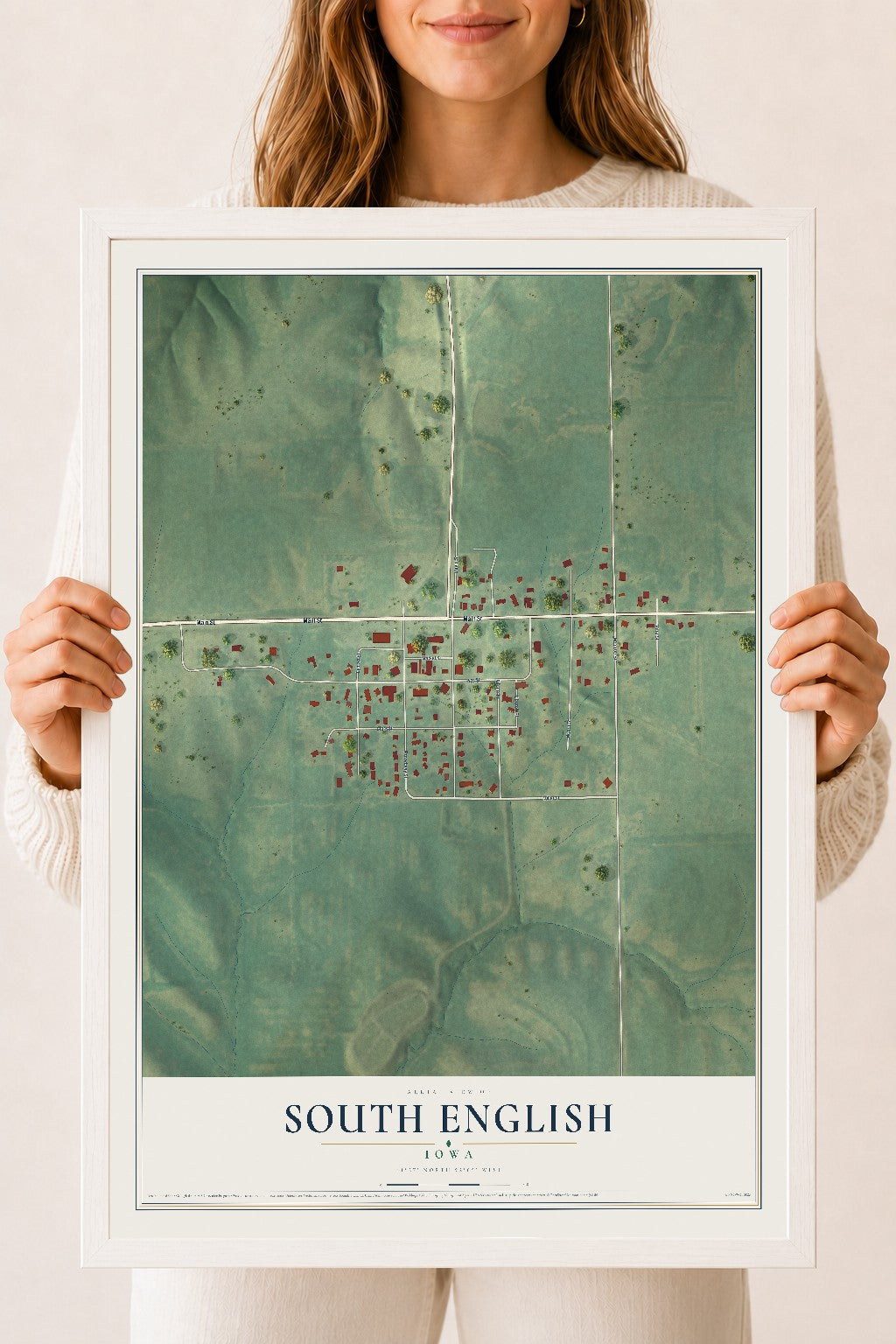 Map of South English, Iowa, 18 x 24 inch print in a white wood frame