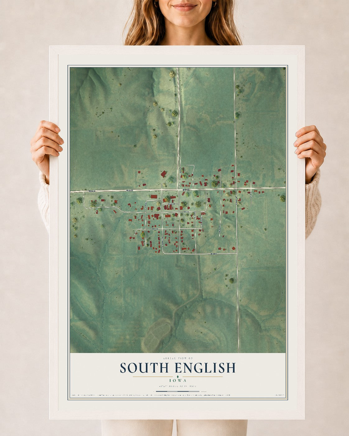 Map of South English, Iowa, 24 x 36 inch print in a white wood frame