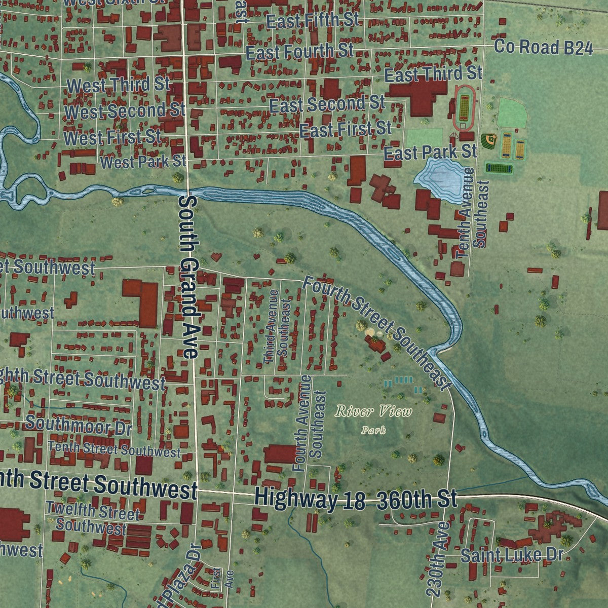 Second close-up of the map of Spencer, Iowa print showing more streets and buildings