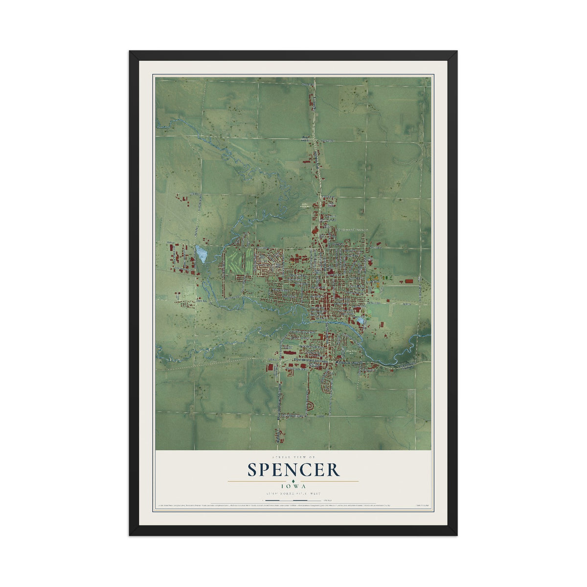Map of Spencer, Iowa, 12 x 18 inch print in a black wood frame