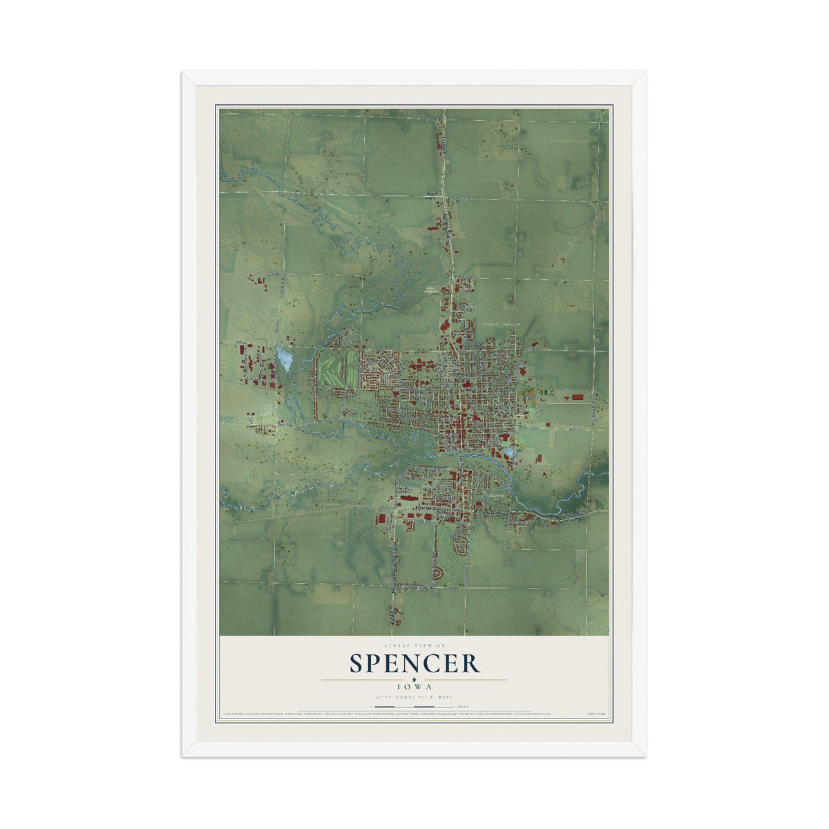 Map of Spencer, Iowa, 12 x 18 inch print in a white wood frame
