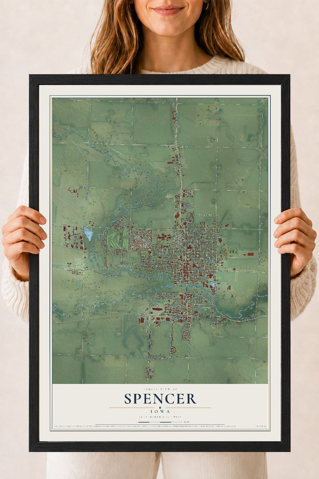 Map of Spencer, Iowa, 18 x 24 inch print in a black wood frame