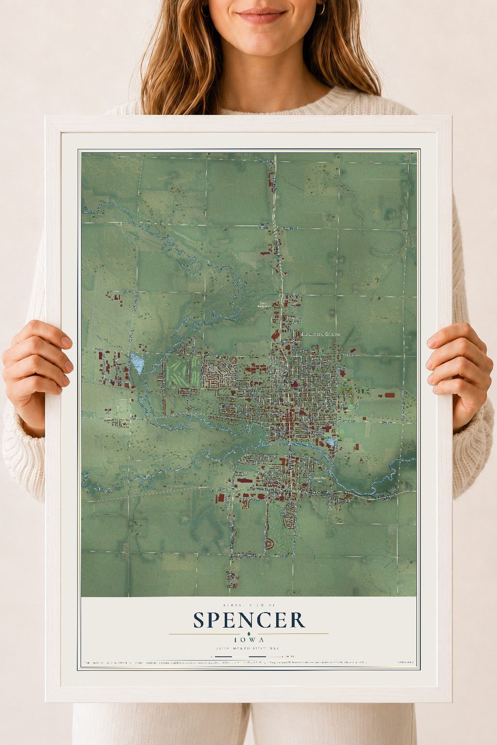 Map of Spencer, Iowa, 18 x 24 inch print in a white wood frame