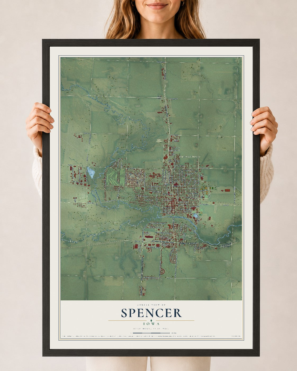 Map of Spencer, Iowa, 24 x 36 inch print in a black wood frame