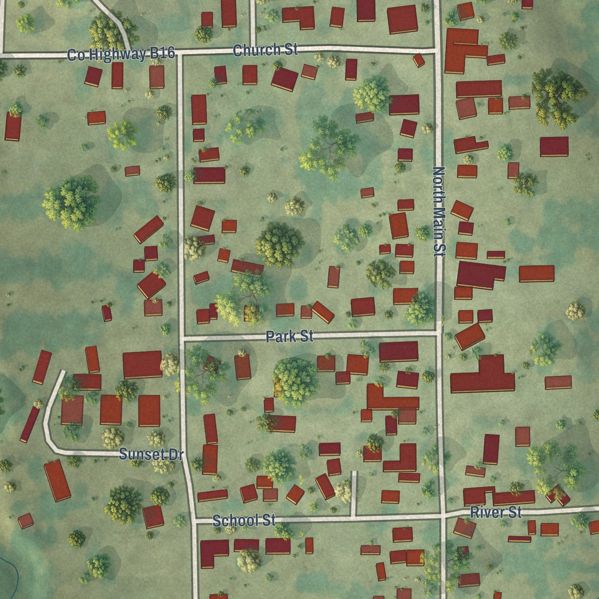 Close-up of the map of Spillville, Iowa print showing street and building detail