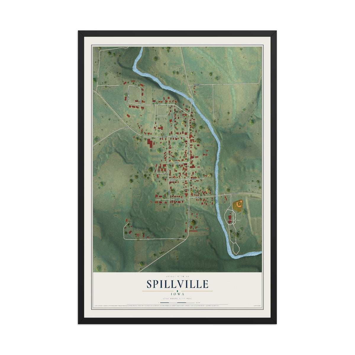 Map of Spillville, Iowa, 12 x 18 inch print in a black wood frame