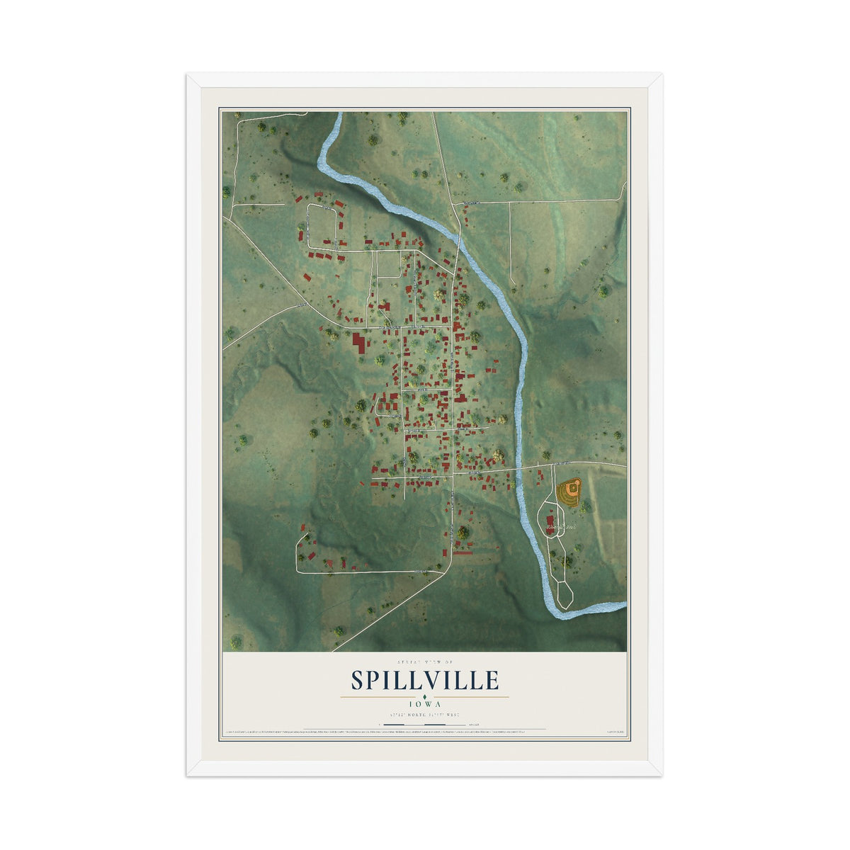 Map of Spillville, Iowa, 12 x 18 inch print in a white wood frame