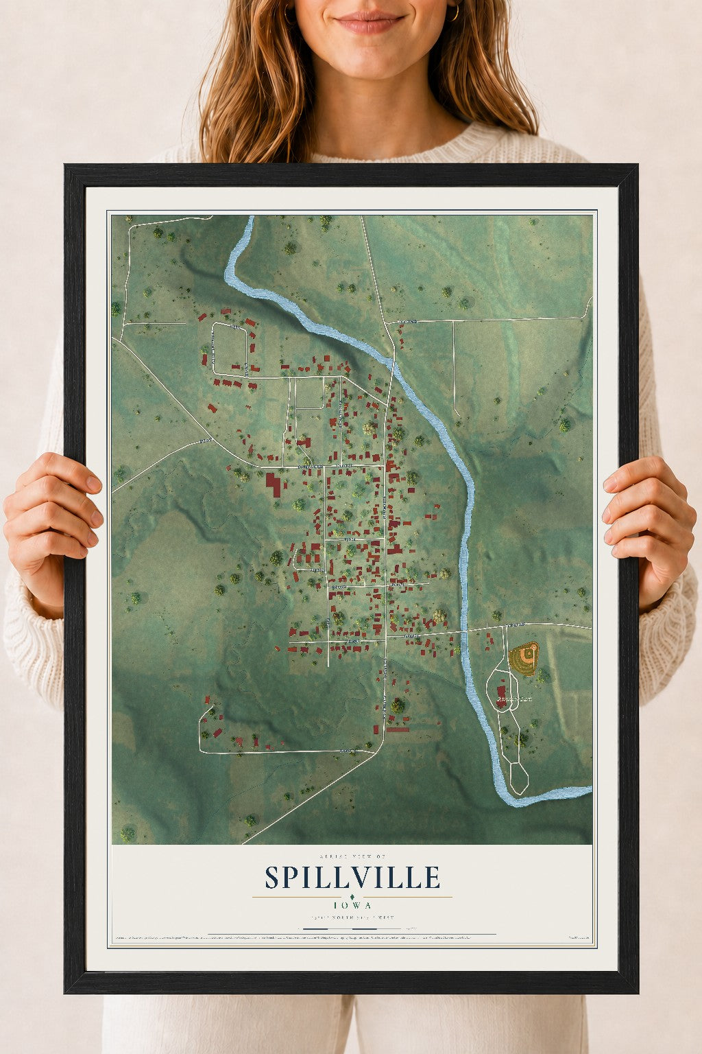 Map of Spillville, Iowa, 18 x 24 inch print in a black wood frame