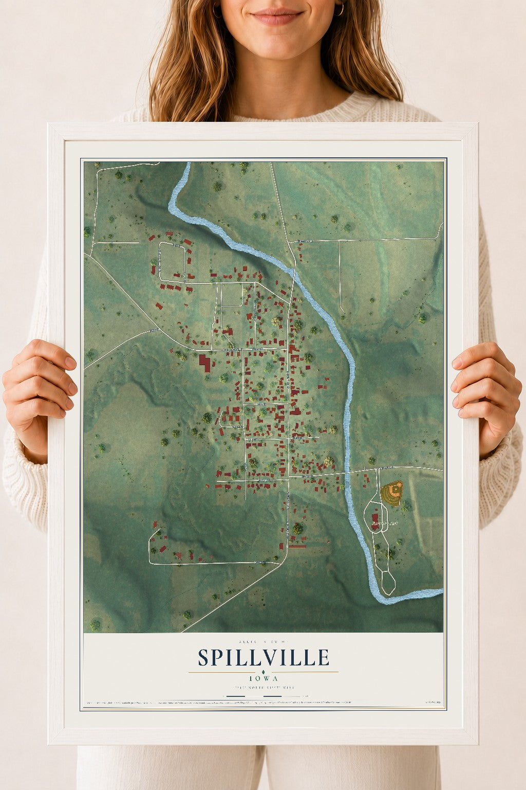 Map of Spillville, Iowa, 18 x 24 inch print in a white wood frame