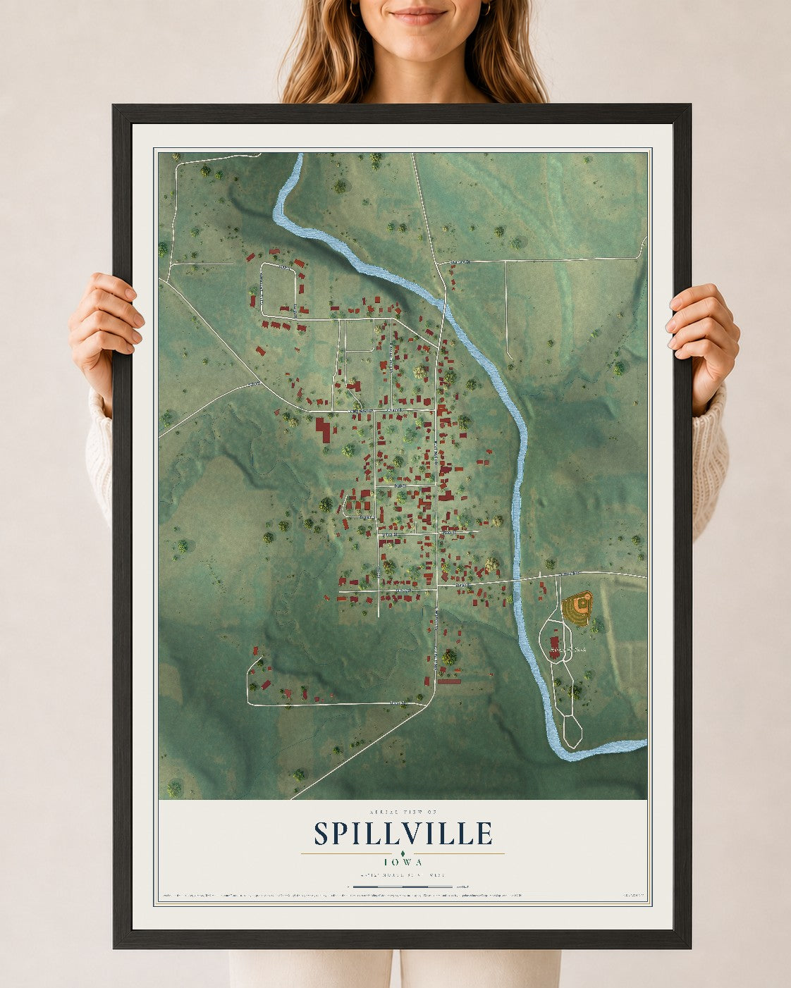 Map of Spillville, Iowa, 24 x 36 inch print in a black wood frame