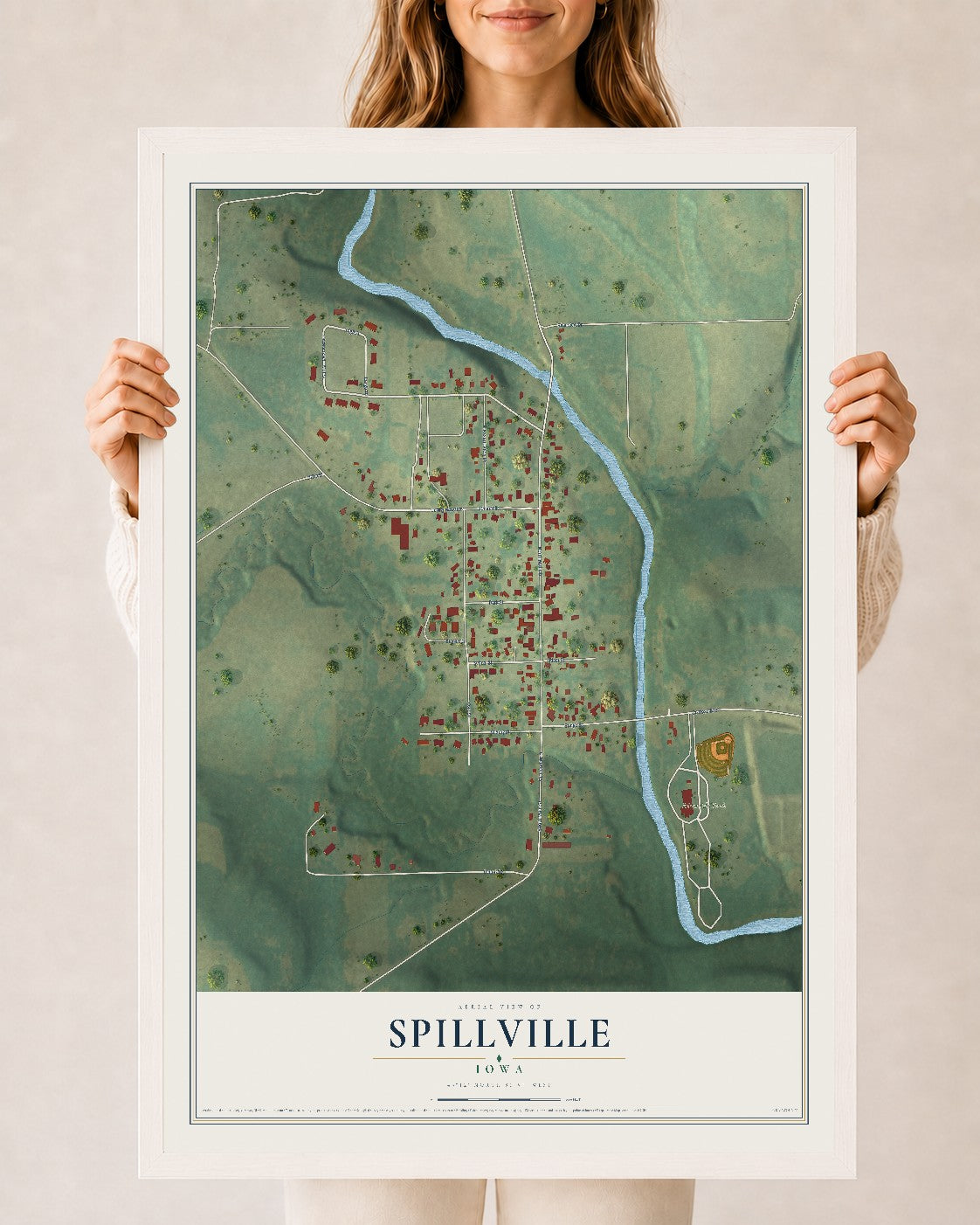 Map of Spillville, Iowa, 24 x 36 inch print in a white wood frame