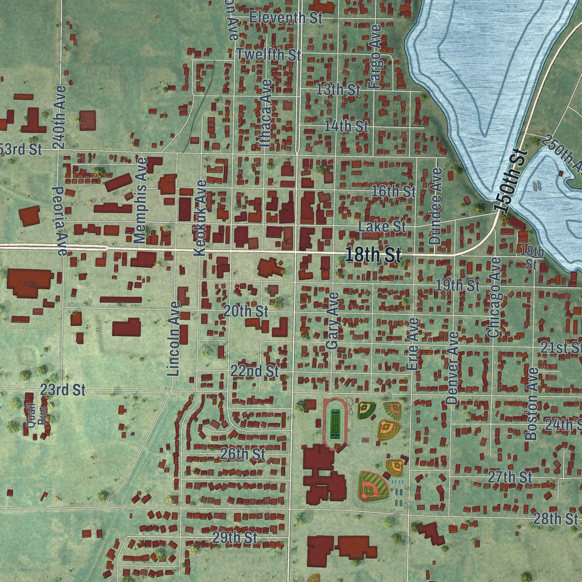 Close-up of the map of Spirit Lake, Iowa print showing street and building detail