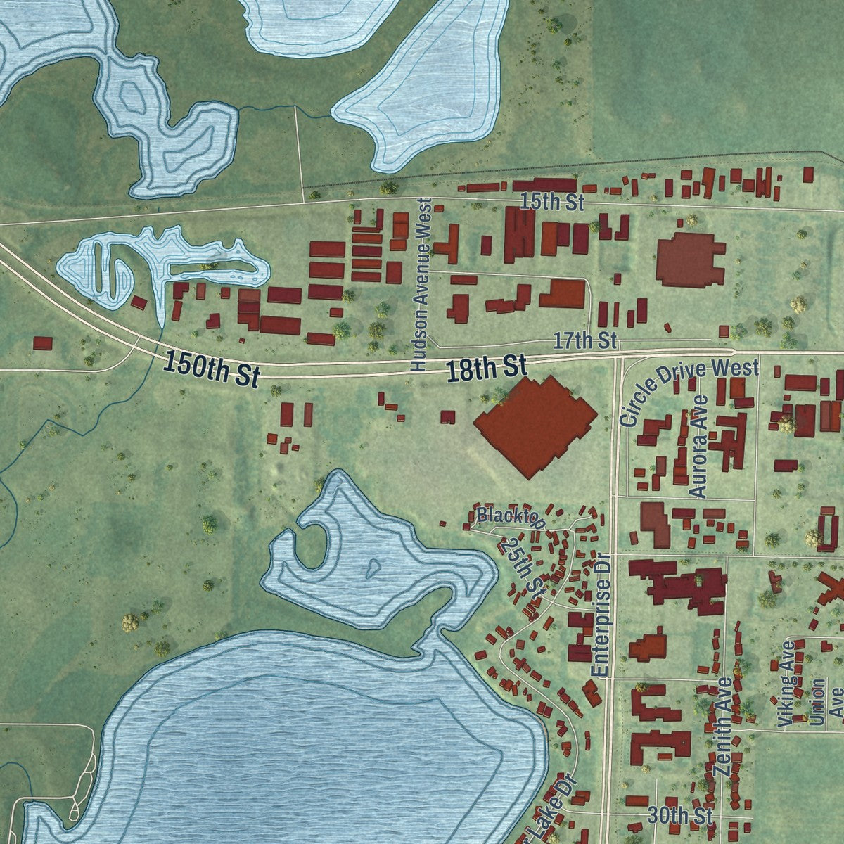 Second close-up of the map of Spirit Lake, Iowa print showing more streets and buildings
