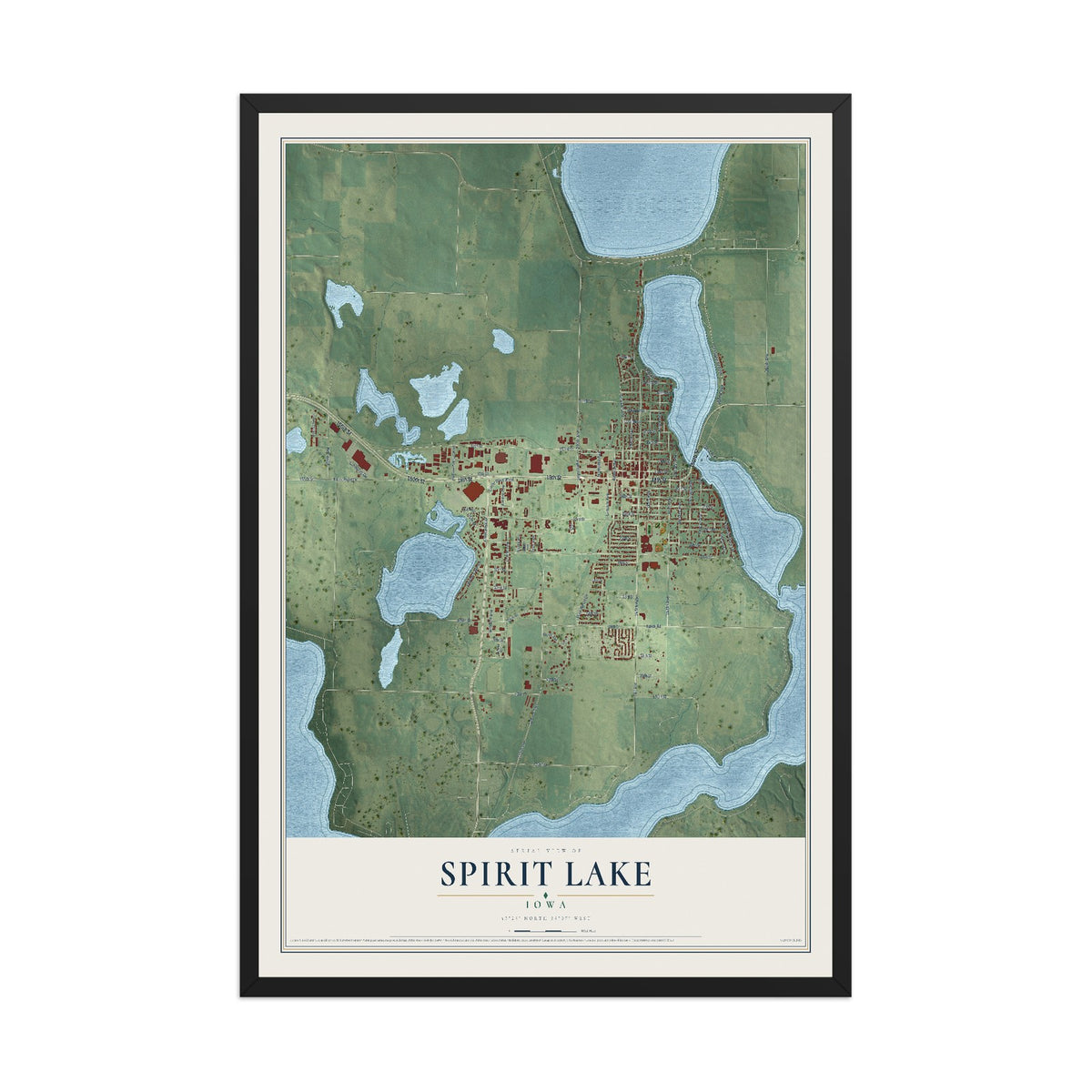 Map of Spirit Lake, Iowa, 12 x 18 inch print in a black wood frame