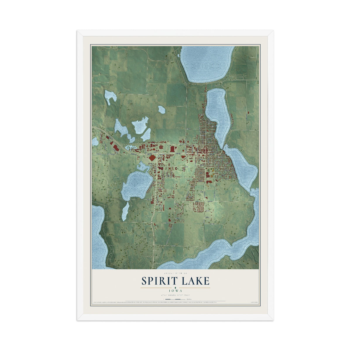 Map of Spirit Lake, Iowa, 12 x 18 inch print in a white wood frame