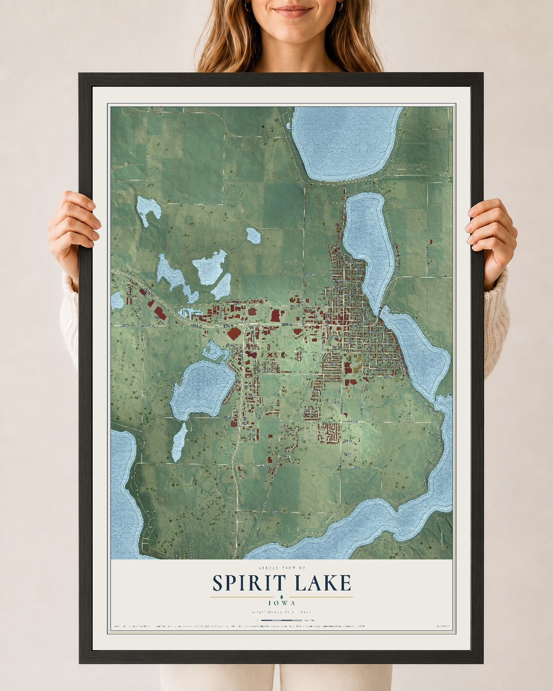Map of Spirit Lake, Iowa, 24 x 36 inch print in a black wood frame