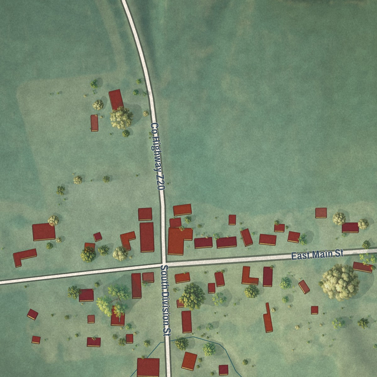 Close-up of the map of Spragueville, Iowa print showing street and building detail