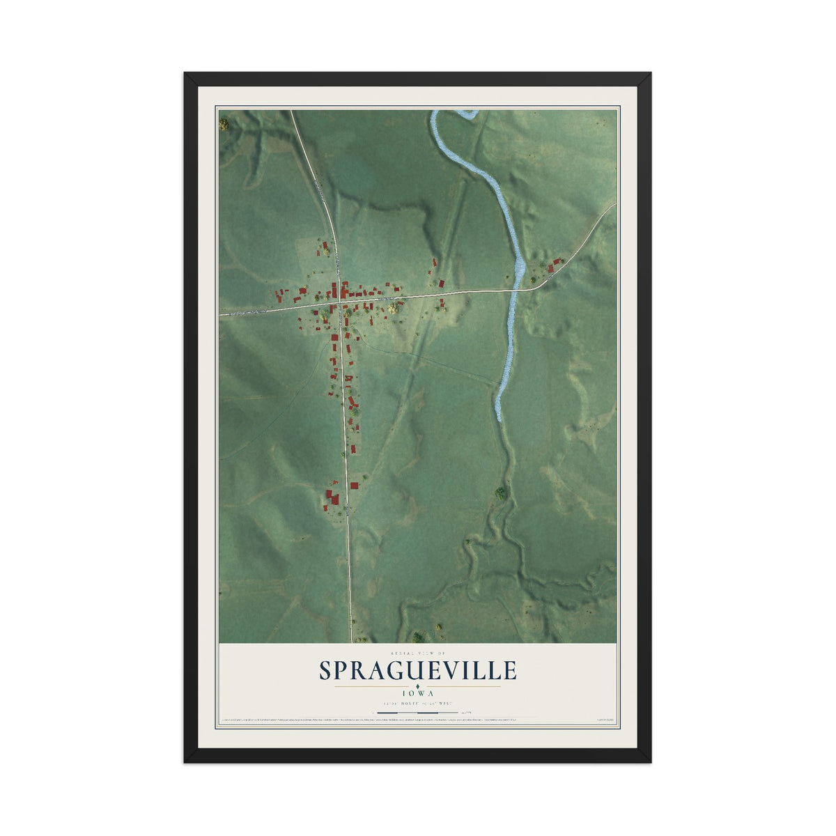 Map of Spragueville, Iowa, 12 x 18 inch print in a black wood frame