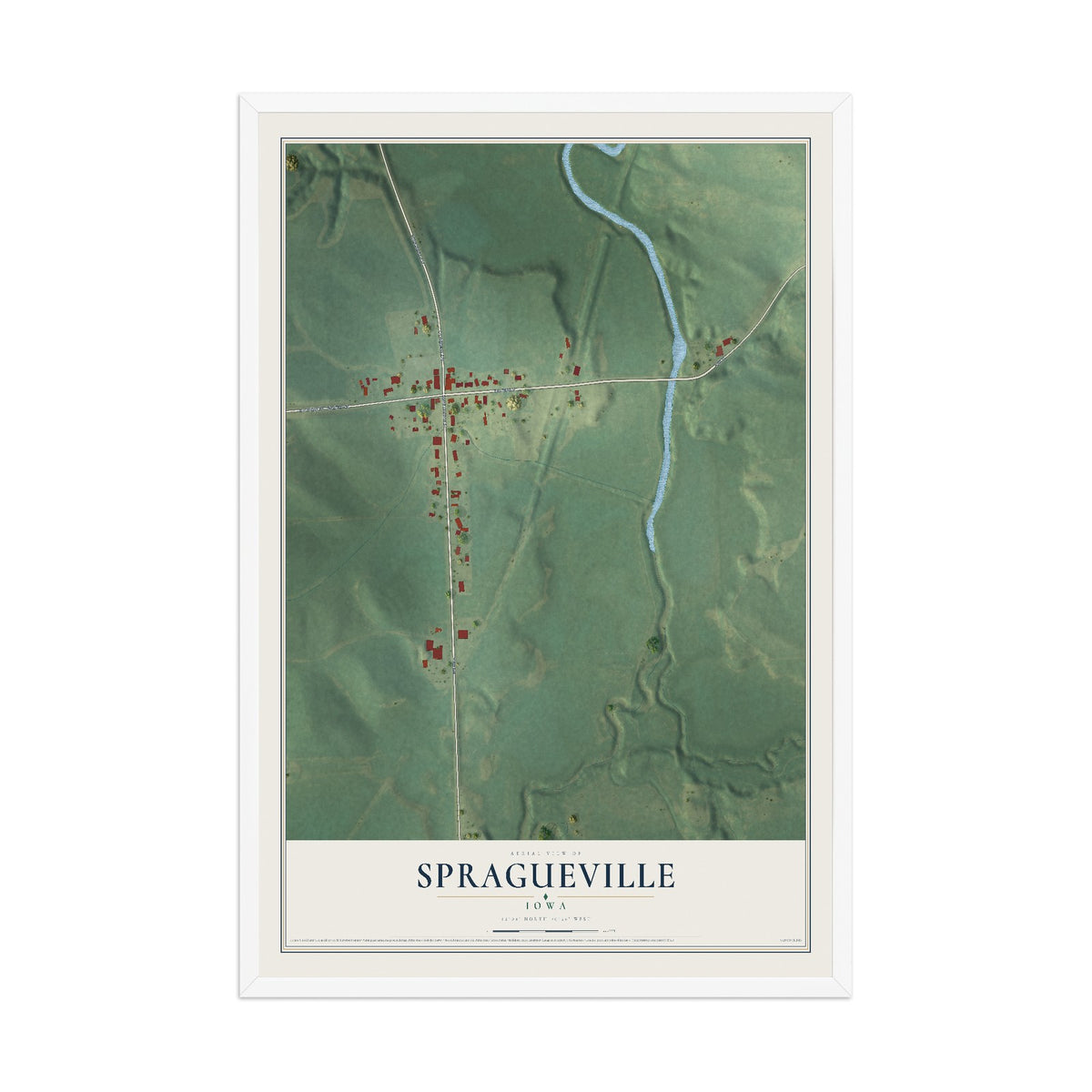 Map of Spragueville, Iowa, 12 x 18 inch print in a white wood frame