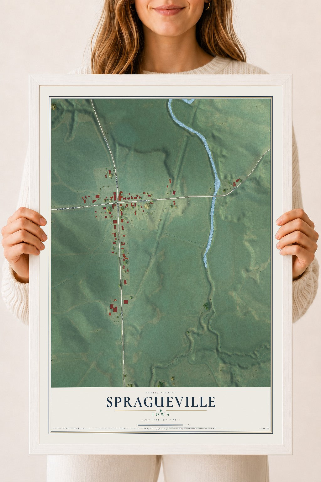 Map of Spragueville, Iowa, 18 x 24 inch print in a white wood frame
