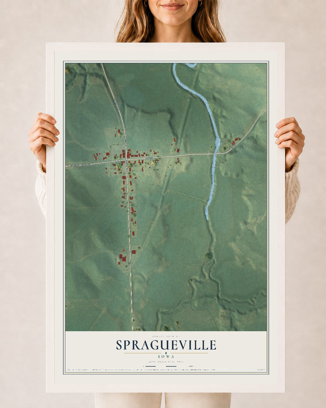 Map of Spragueville, Iowa, 24 x 36 inch print in a white wood frame