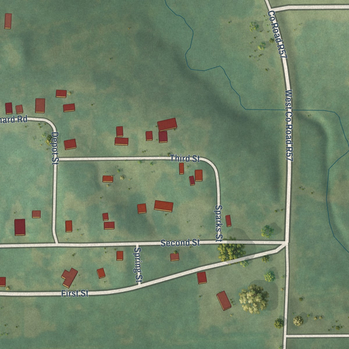 Close-up of the map of Spring Hill, Iowa print showing street and building detail