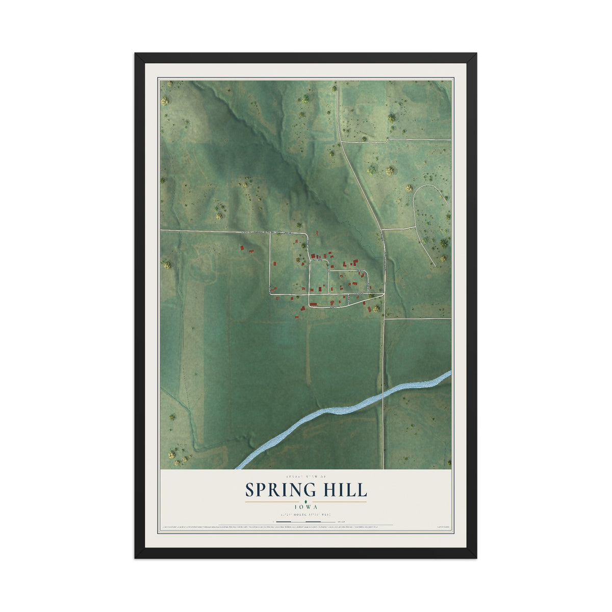 Map of Spring Hill, Iowa, 12 x 18 inch print in a black wood frame
