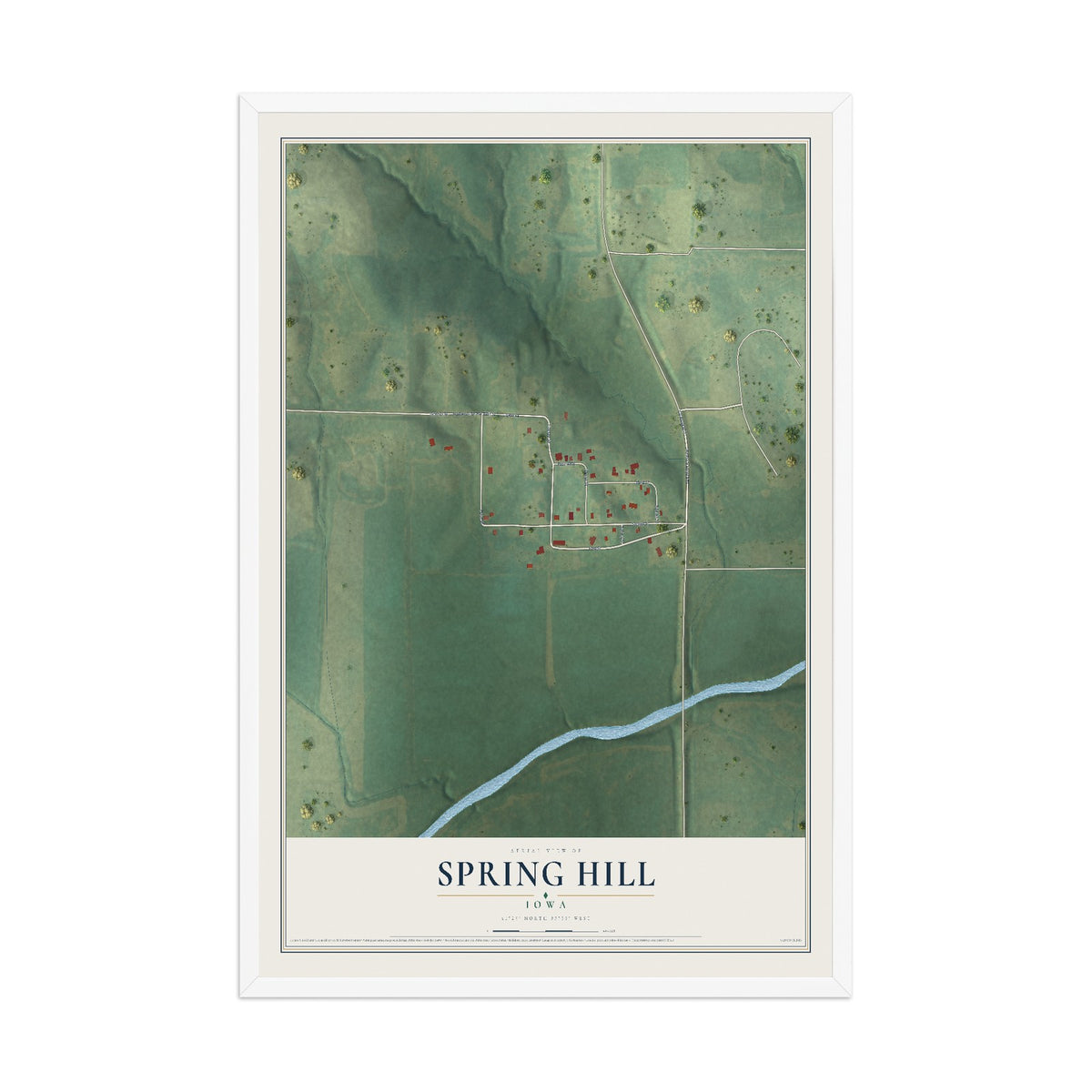 Map of Spring Hill, Iowa, 12 x 18 inch print in a white wood frame