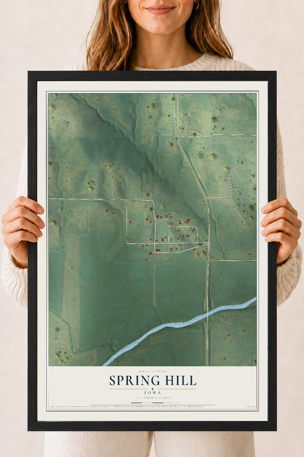Map of Spring Hill, Iowa, 18 x 24 inch print in a black wood frame