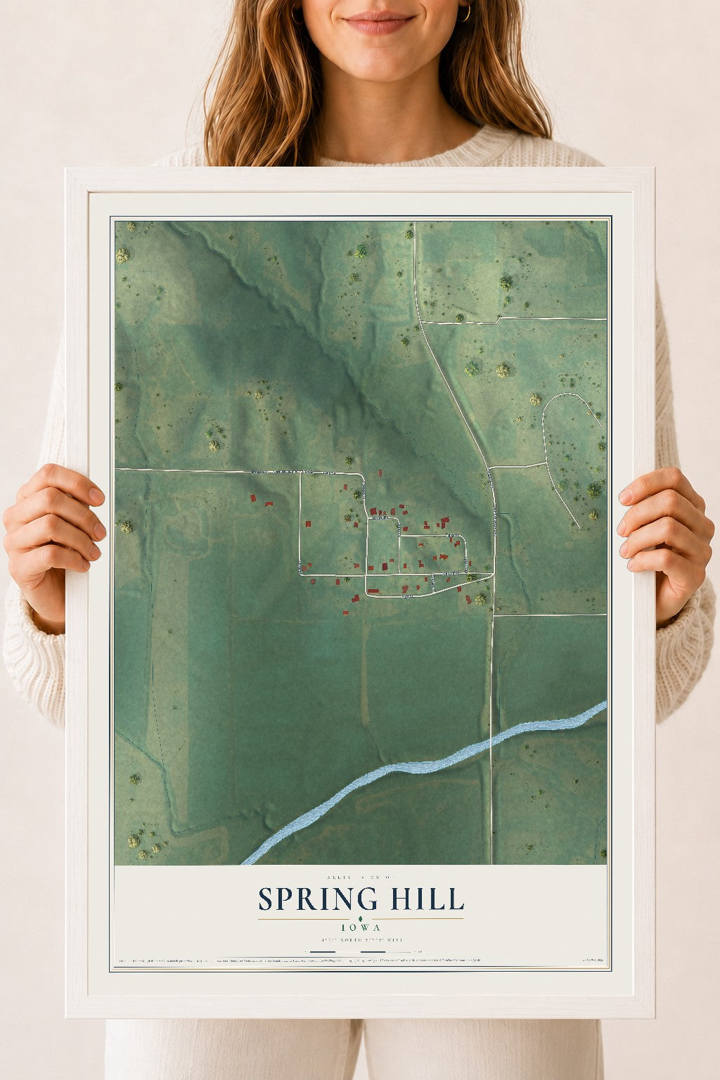 Map of Spring Hill, Iowa, 18 x 24 inch print in a white wood frame