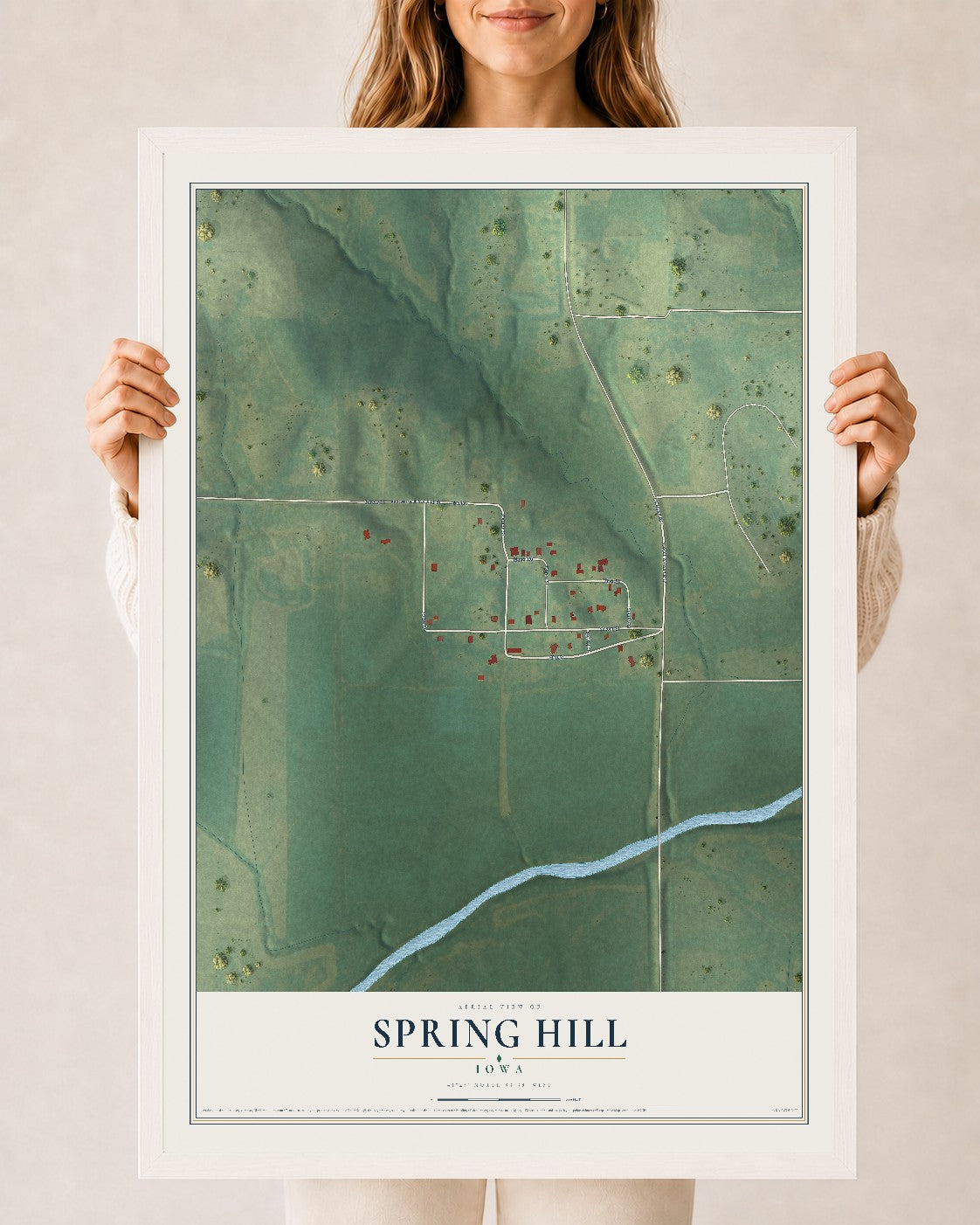 Map of Spring Hill, Iowa, 24 x 36 inch print in a white wood frame