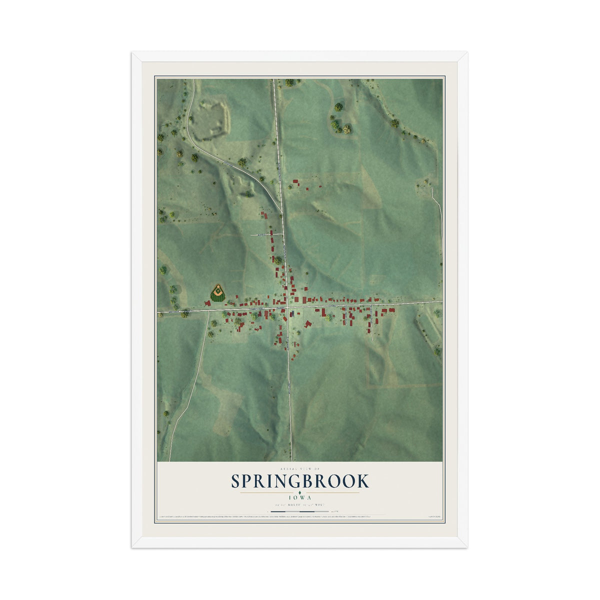 Map of Springbrook, Iowa, 12 x 18 inch print in a white wood frame