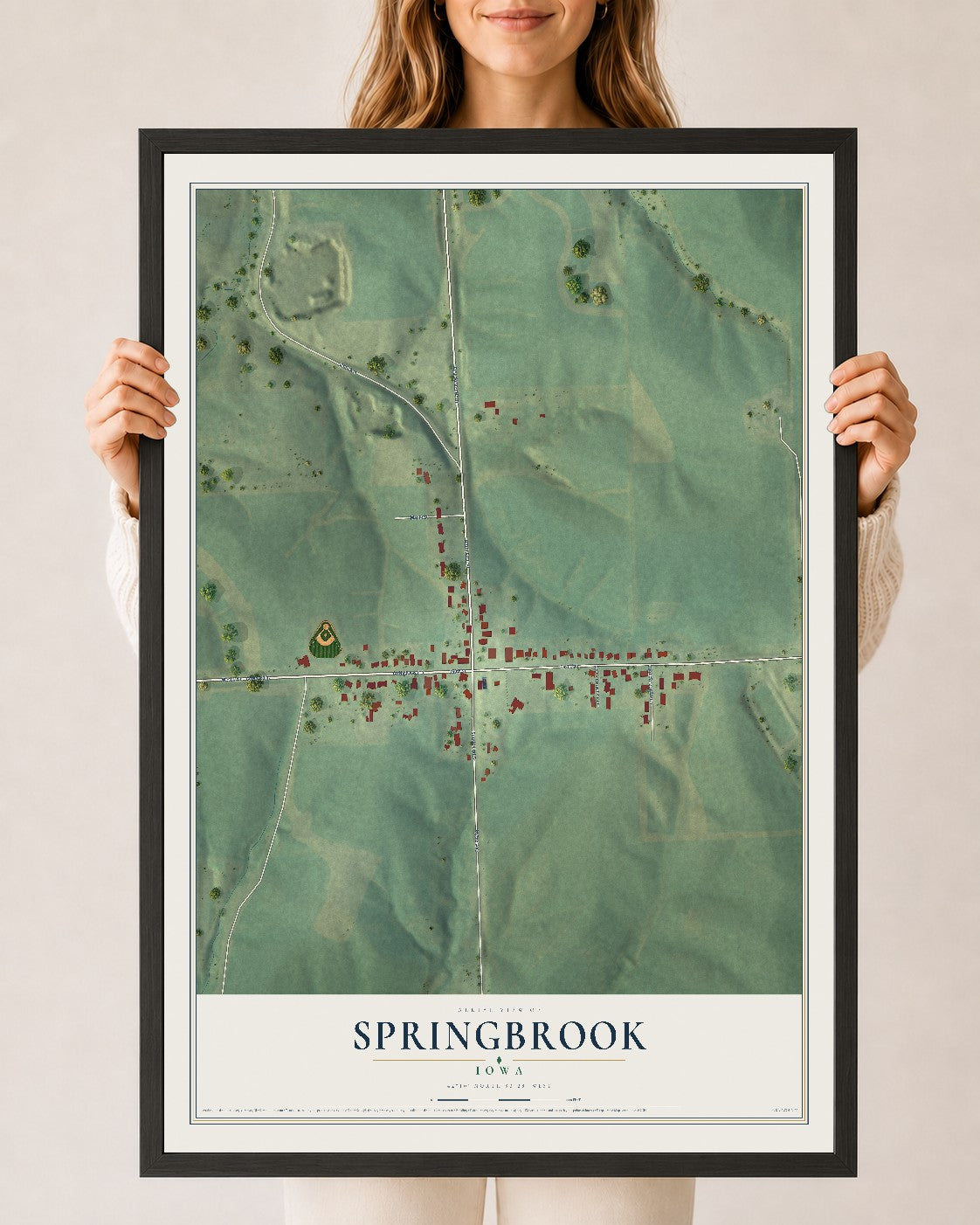 Map of Springbrook, Iowa, 24 x 36 inch print in a black wood frame