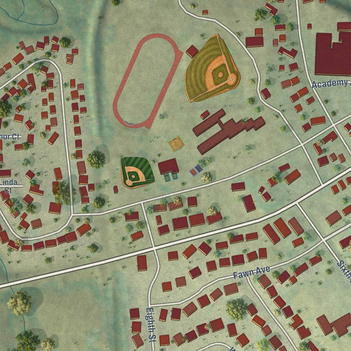 Close-up of the map of Springville, Iowa print showing street and building detail