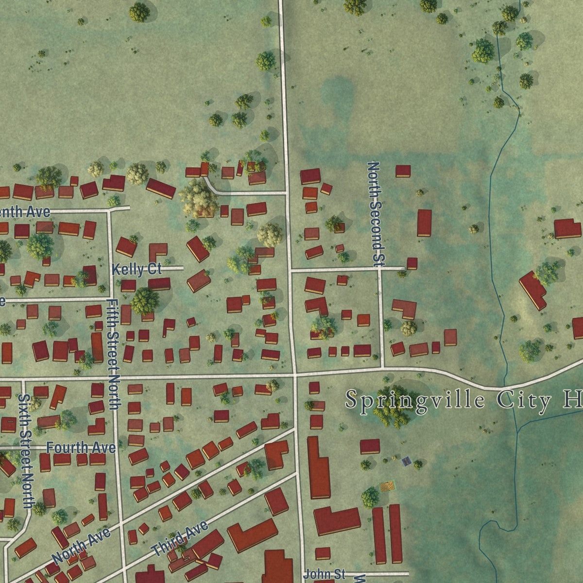 Second close-up of the map of Springville, Iowa print showing more streets and buildings