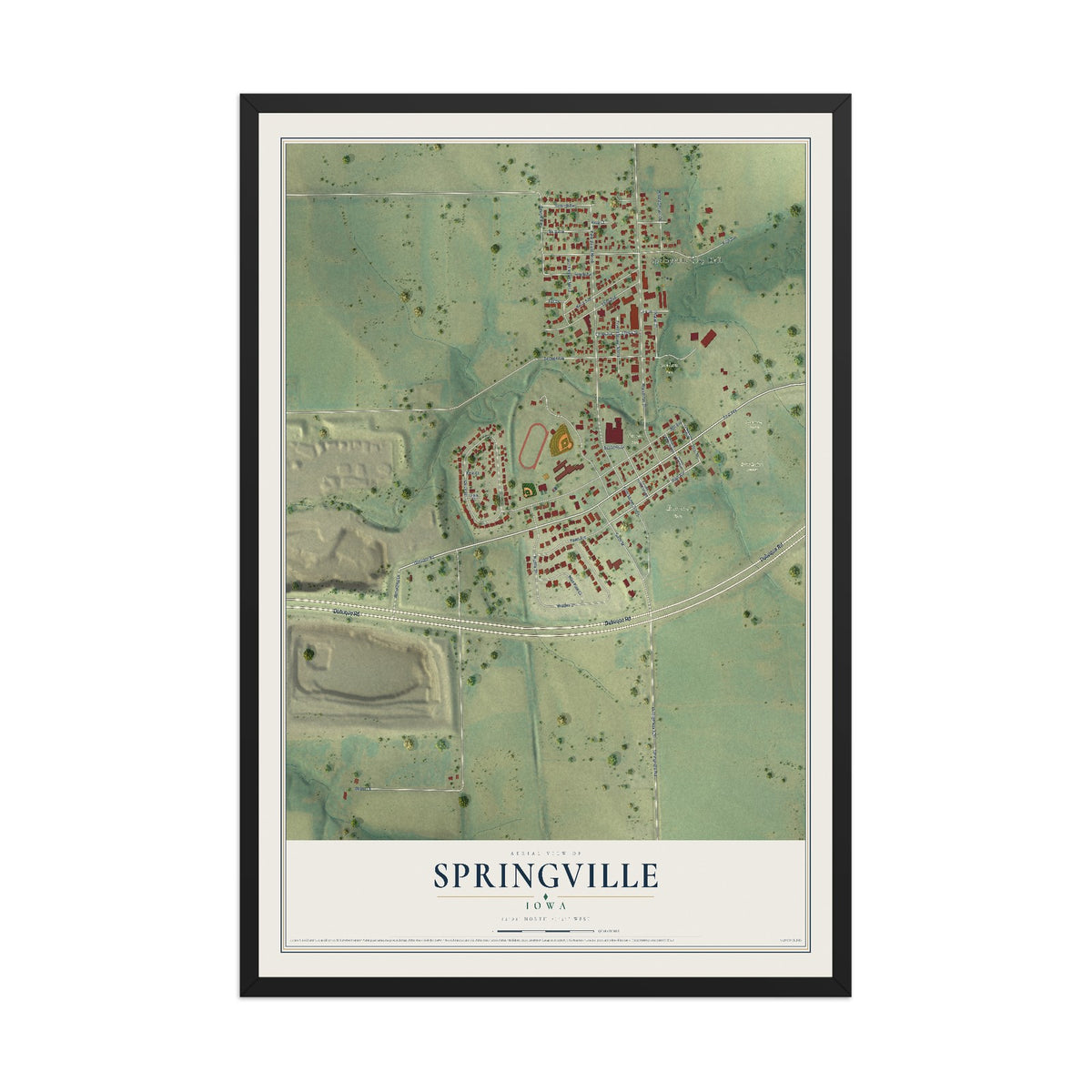Map of Springville, Iowa, 12 x 18 inch print in a black wood frame