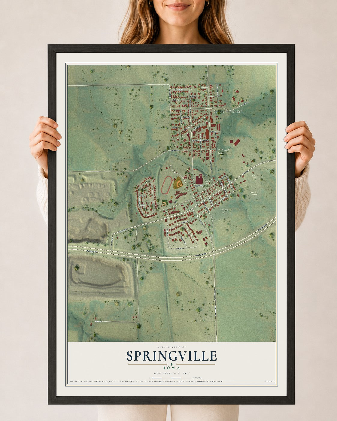 Map of Springville, Iowa, 24 x 36 inch print in a black wood frame