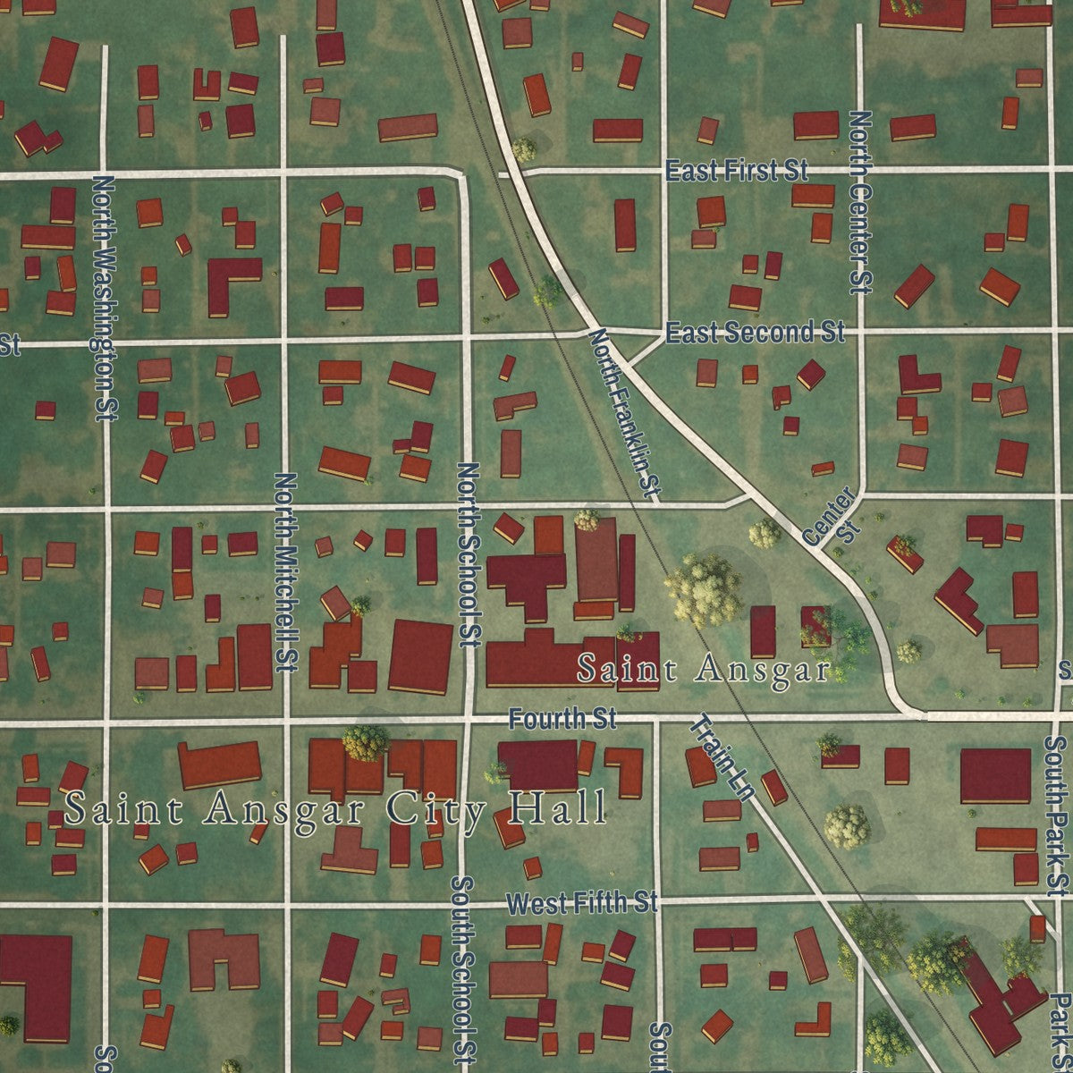 Close-up of the map of St. Ansgar, Iowa print showing street and building detail