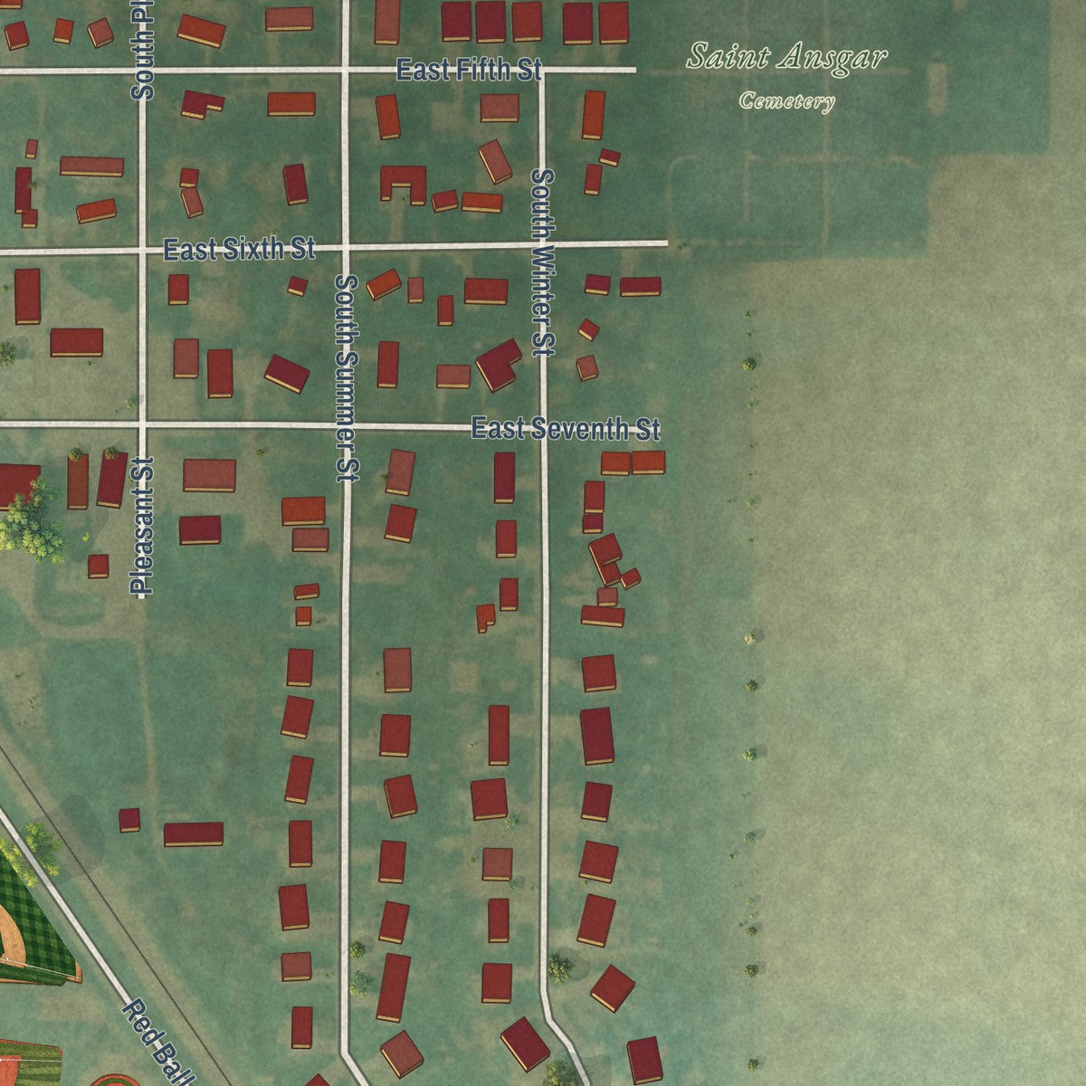 Second close-up of the map of St. Ansgar, Iowa print showing more streets and buildings