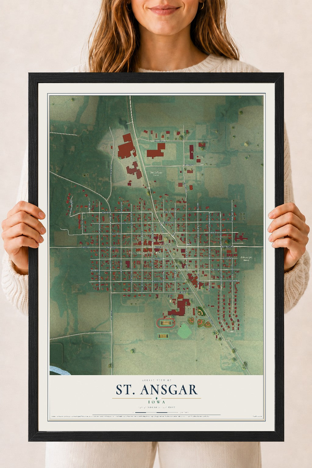 Map of St. Ansgar, Iowa, 18 x 24 inch print in a black wood frame