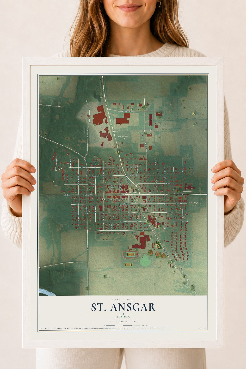 Map of St. Ansgar, Iowa, 18 x 24 inch print in a white wood frame