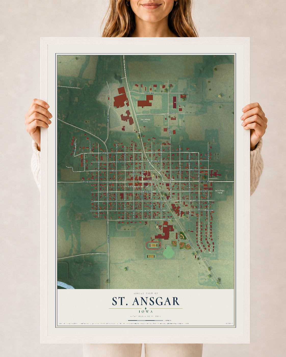 Map of St. Ansgar, Iowa, 24 x 36 inch print in a white wood frame