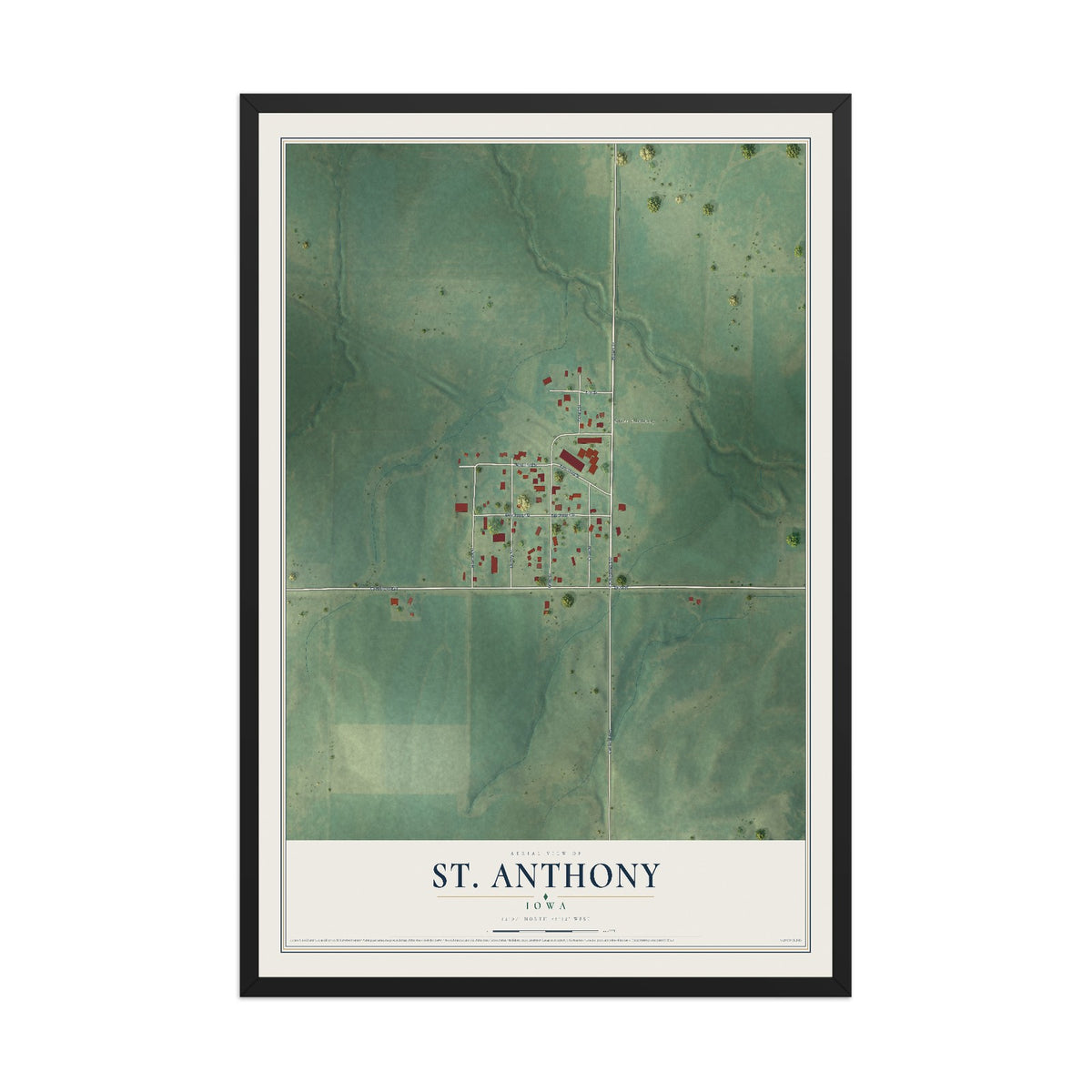 Map of St. Anthony, Iowa, 12 x 18 inch print in a black wood frame