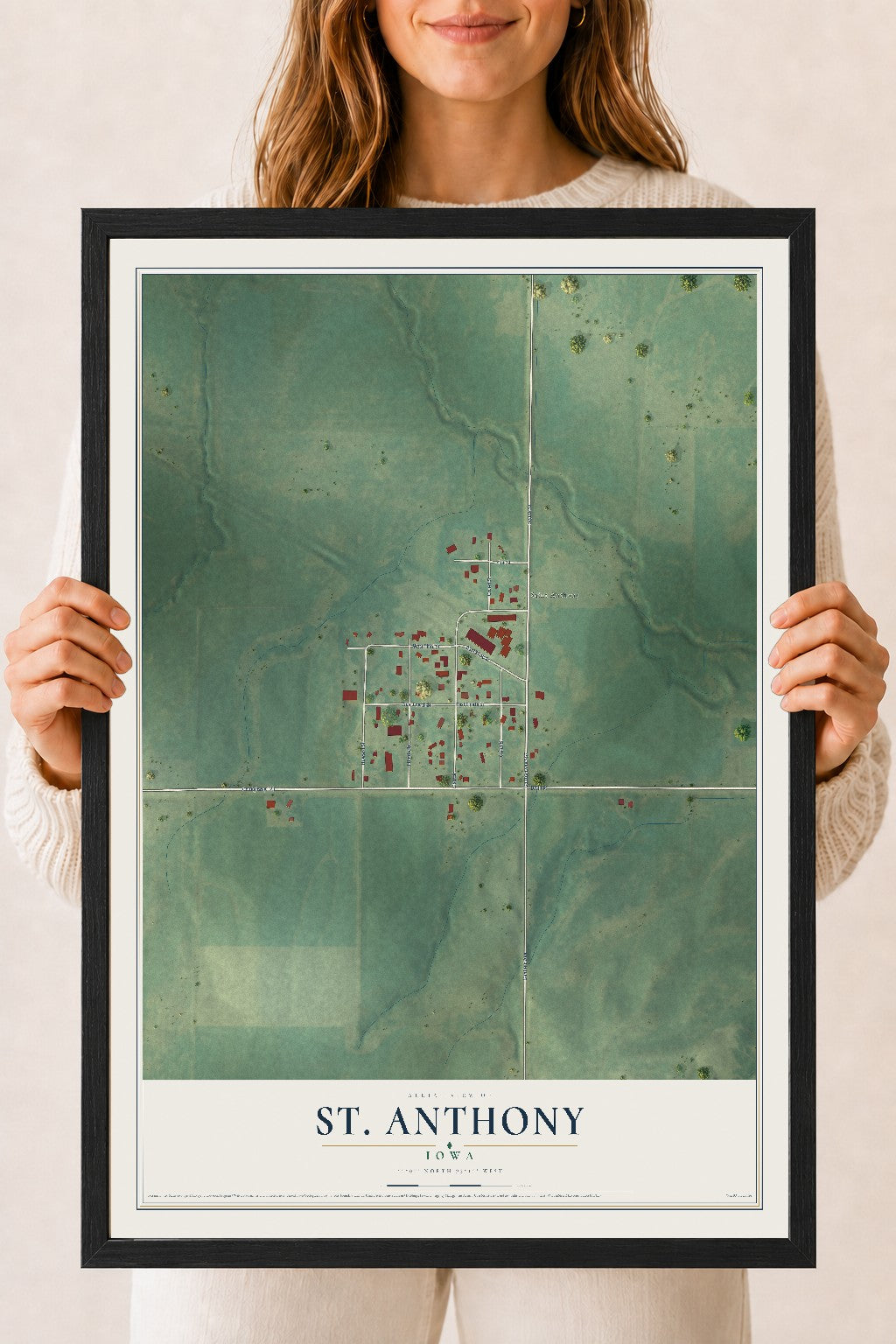 Map of St. Anthony, Iowa, 18 x 24 inch print in a black wood frame