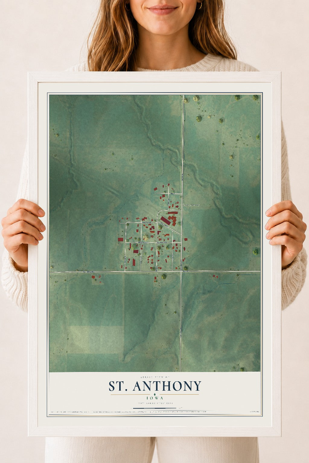 Map of St. Anthony, Iowa, 18 x 24 inch print in a white wood frame