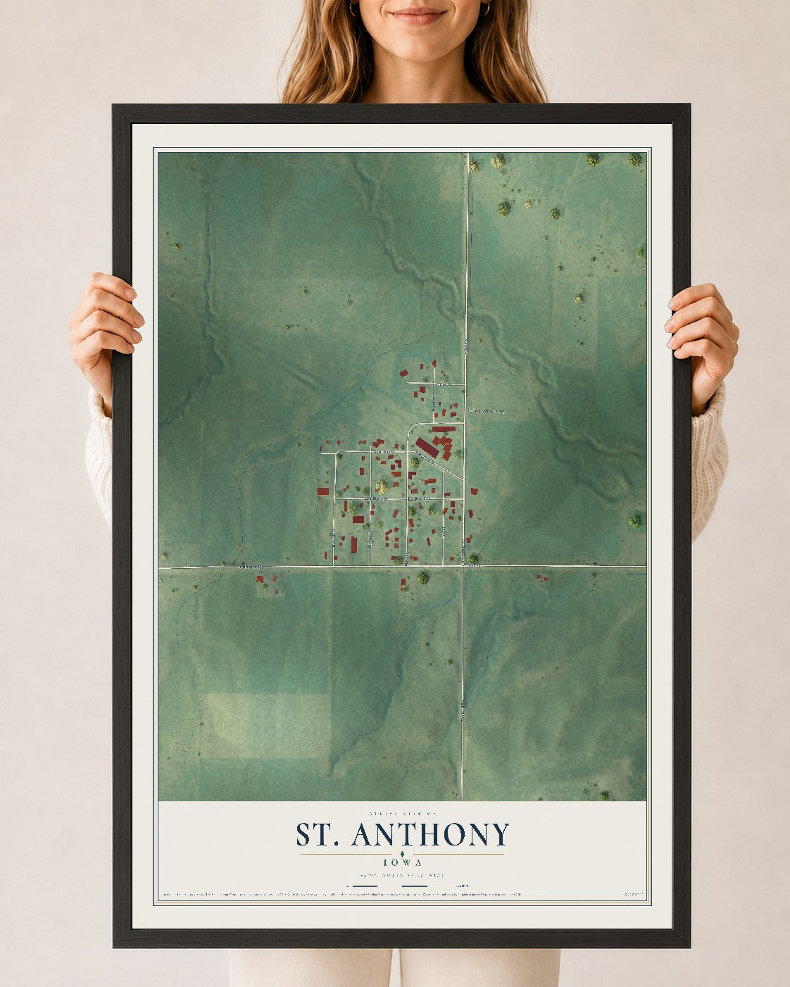 Map of St. Anthony, Iowa, 24 x 36 inch print in a black wood frame