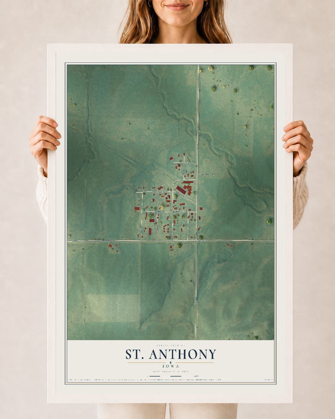 Map of St. Anthony, Iowa, 24 x 36 inch print in a white wood frame