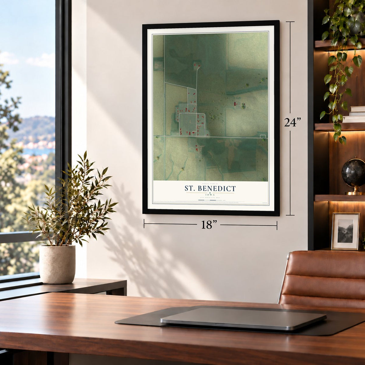 St. Benedict, Iowa map, 18 x 24 inch print in a black frame in a home office